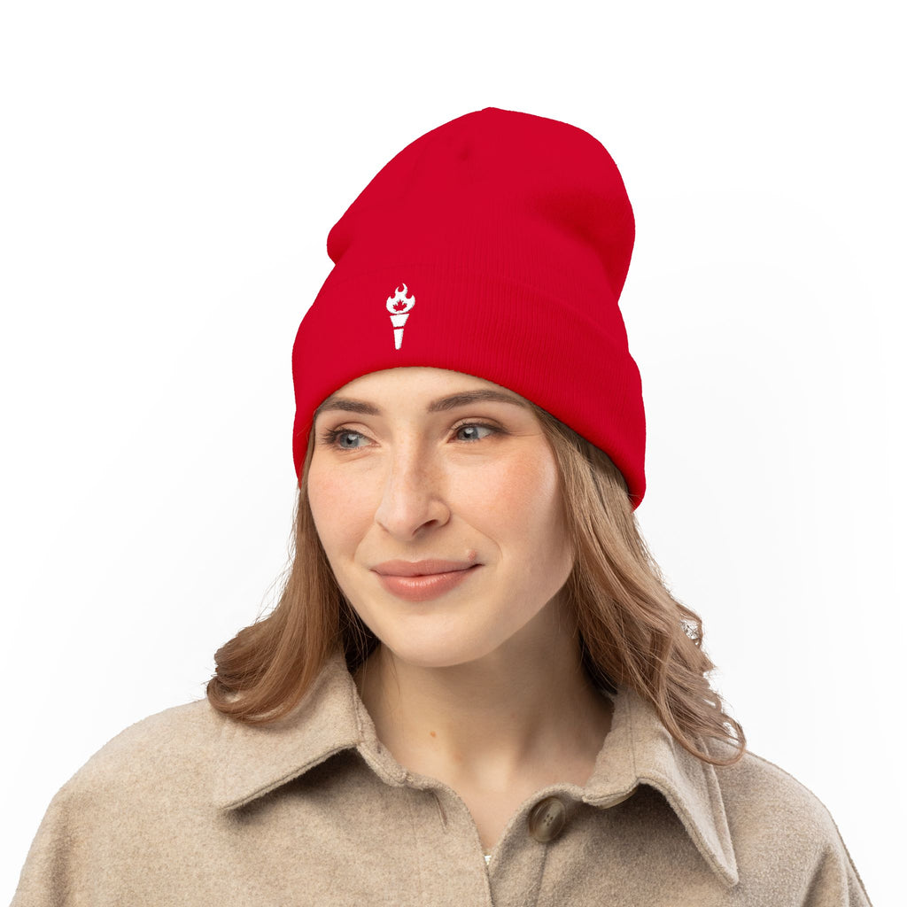 Embroidered Torch Knit Beanie - Minimal Flame Logo Winter Hat