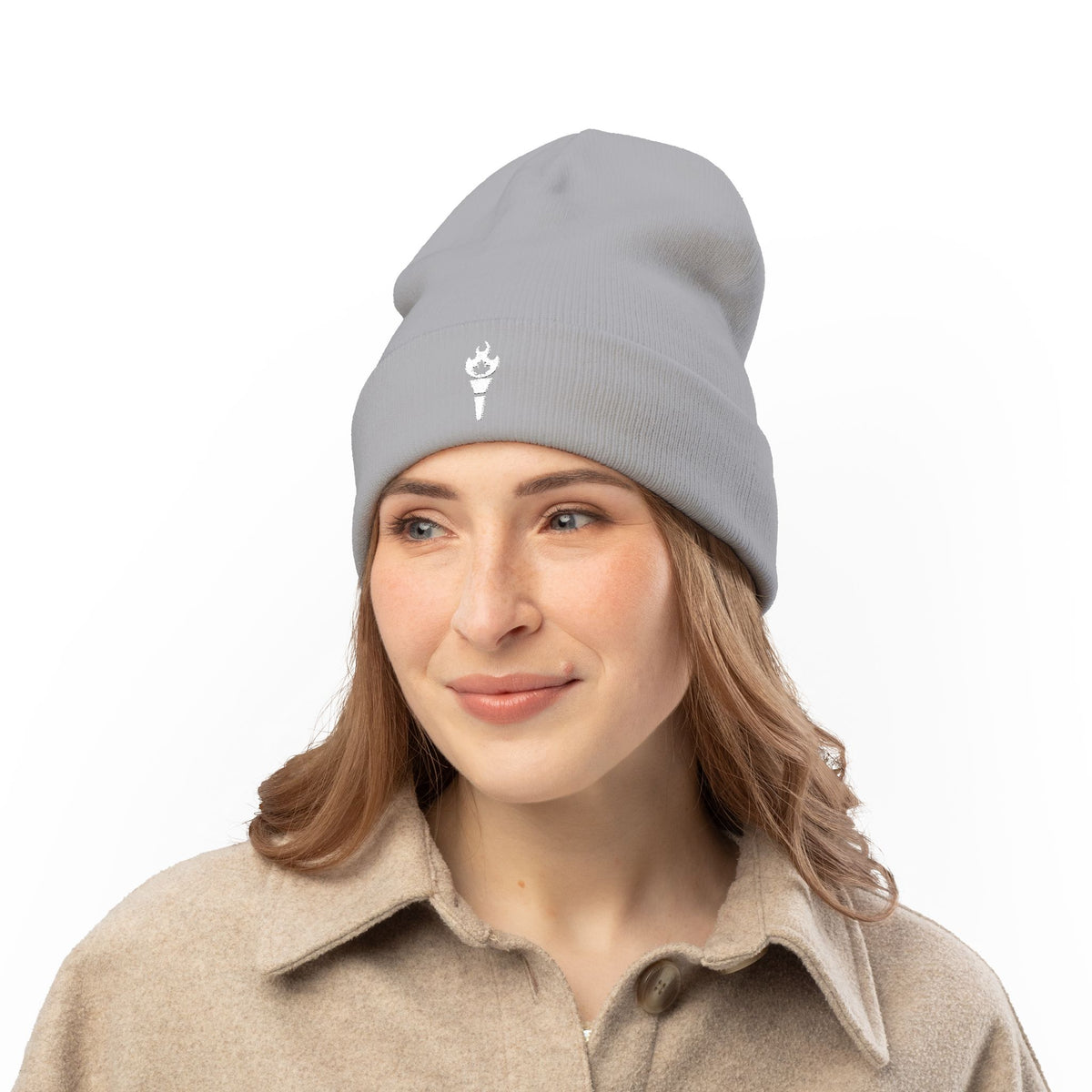 Embroidered Torch Knit Beanie - Minimal Flame Logo Winter Hat