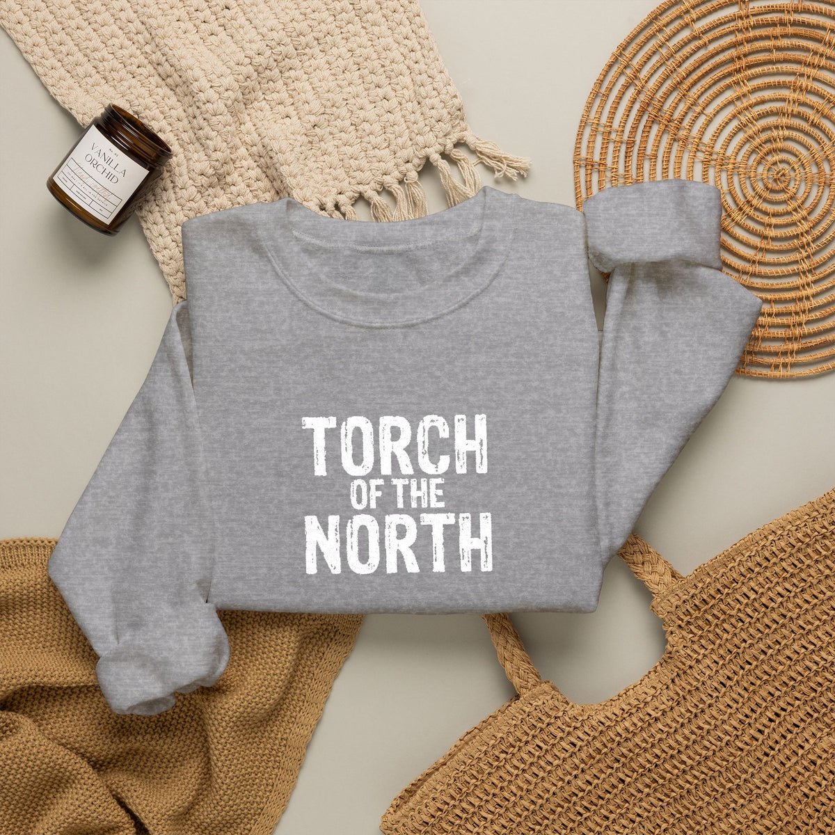 Torch of the North Sweatshirt — Bold Text Crewneck for Fans & Outdoor Vibe