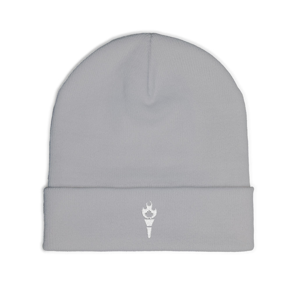 Embroidered Torch Knit Beanie - Minimal Flame Logo Winter Hat