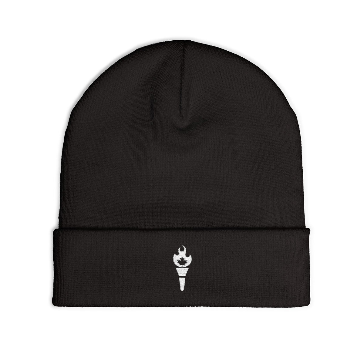 Embroidered Torch Knit Beanie - Minimal Flame Logo Winter Hat