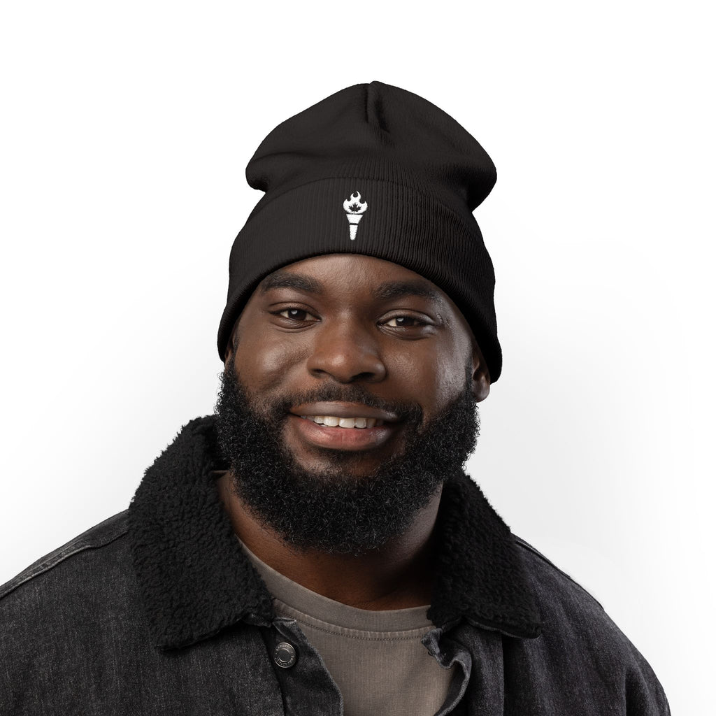 Embroidered Torch Knit Beanie - Minimal Flame Logo Winter Hat