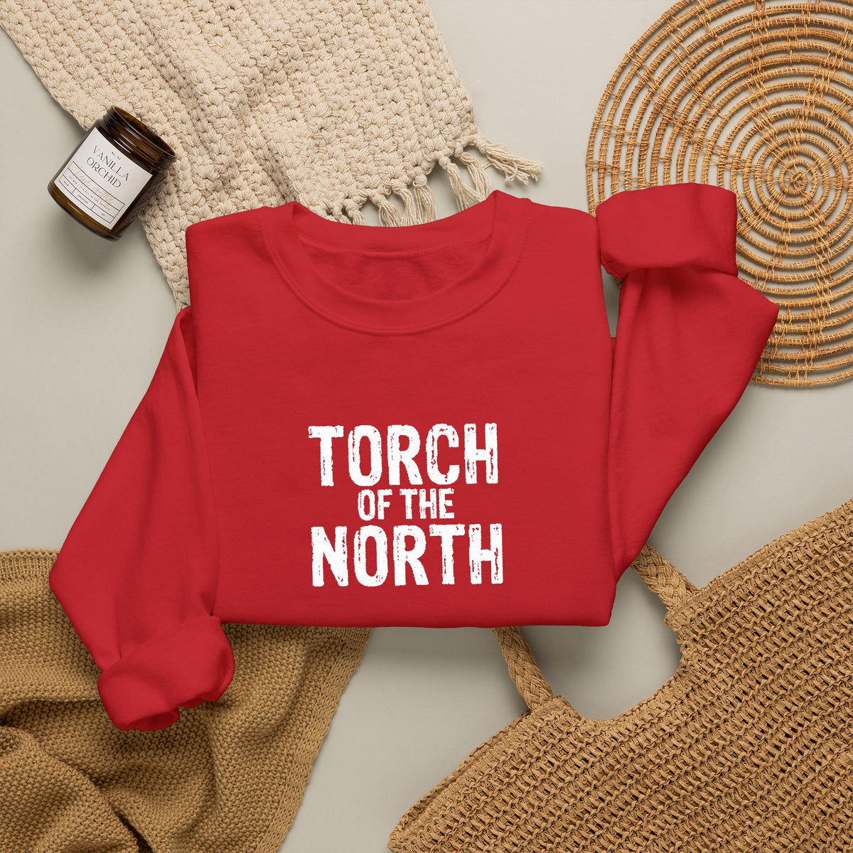 Torch of the North Sweatshirt — Bold Text Crewneck for Fans & Outdoor Vibe