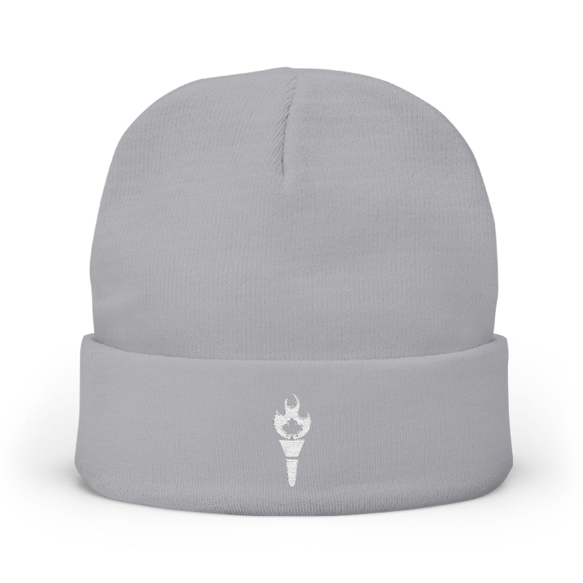 Embroidered Torch Knit Beanie - Minimal Flame Logo Winter Hat