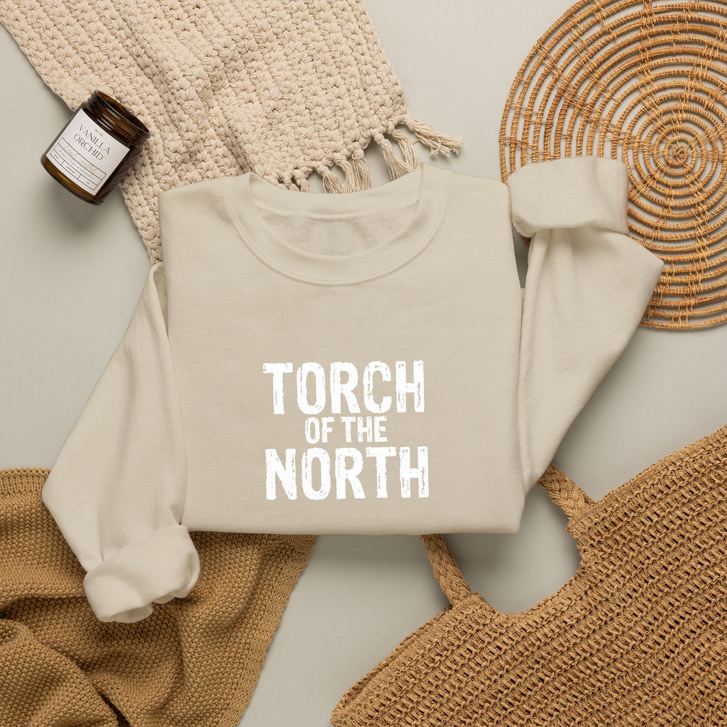 Torch of the North Sweatshirt — Bold Text Crewneck for Fans & Outdoor Vibe