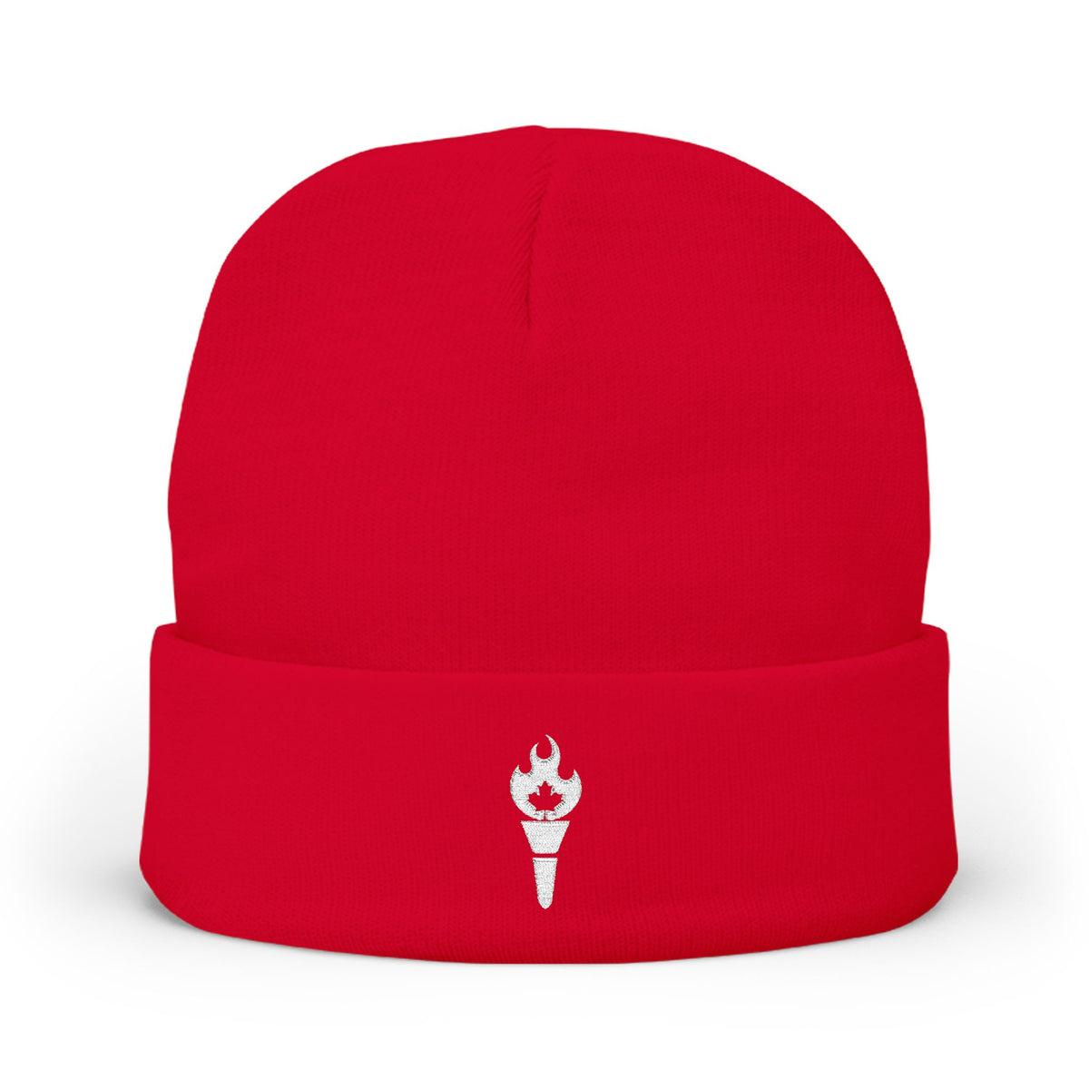 Embroidered Torch Knit Beanie - Minimal Flame Logo Winter Hat