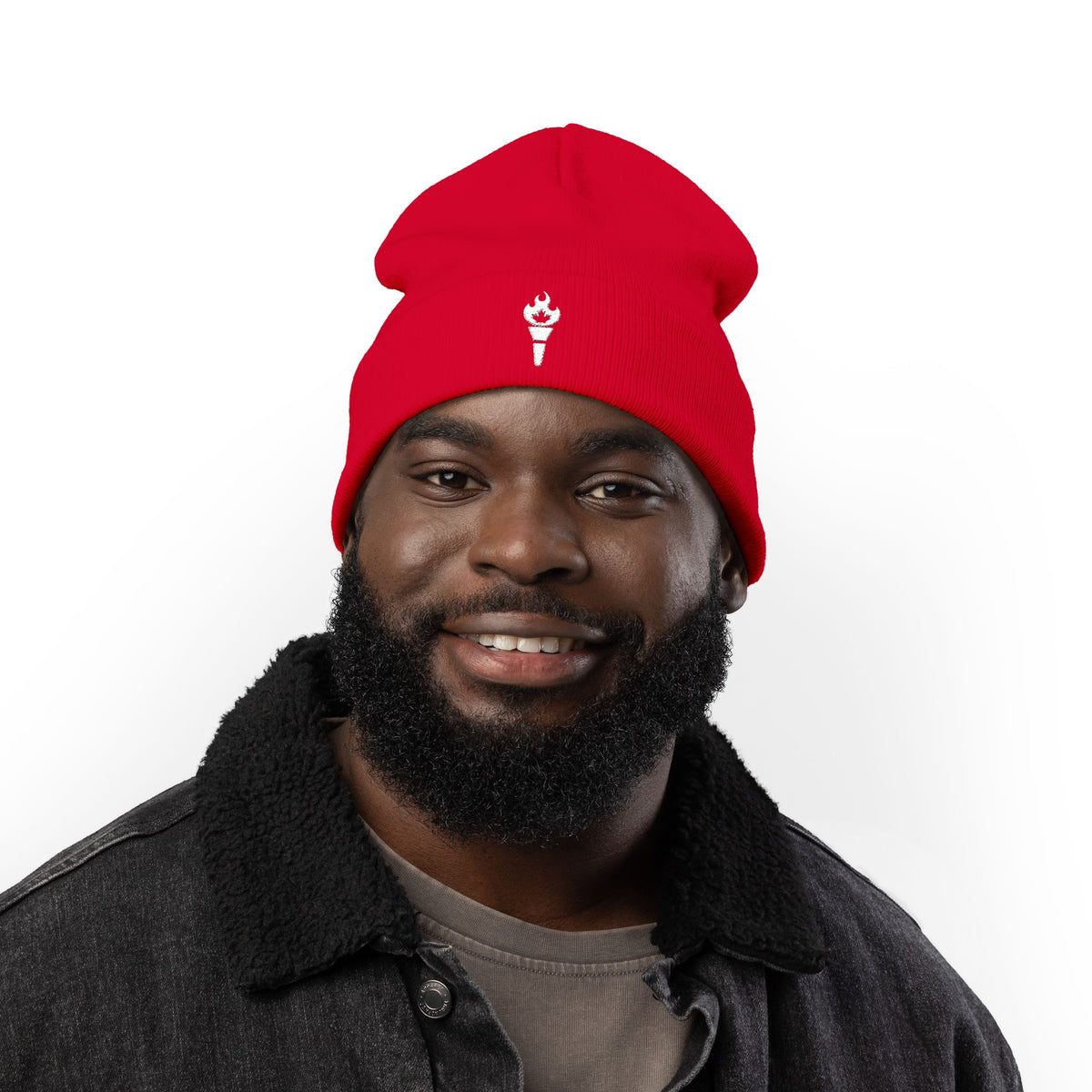 Embroidered Torch Knit Beanie - Minimal Flame Logo Winter Hat