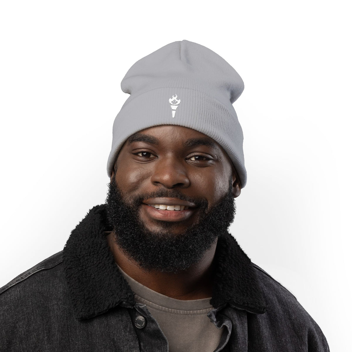 Embroidered Torch Knit Beanie - Minimal Flame Logo Winter Hat