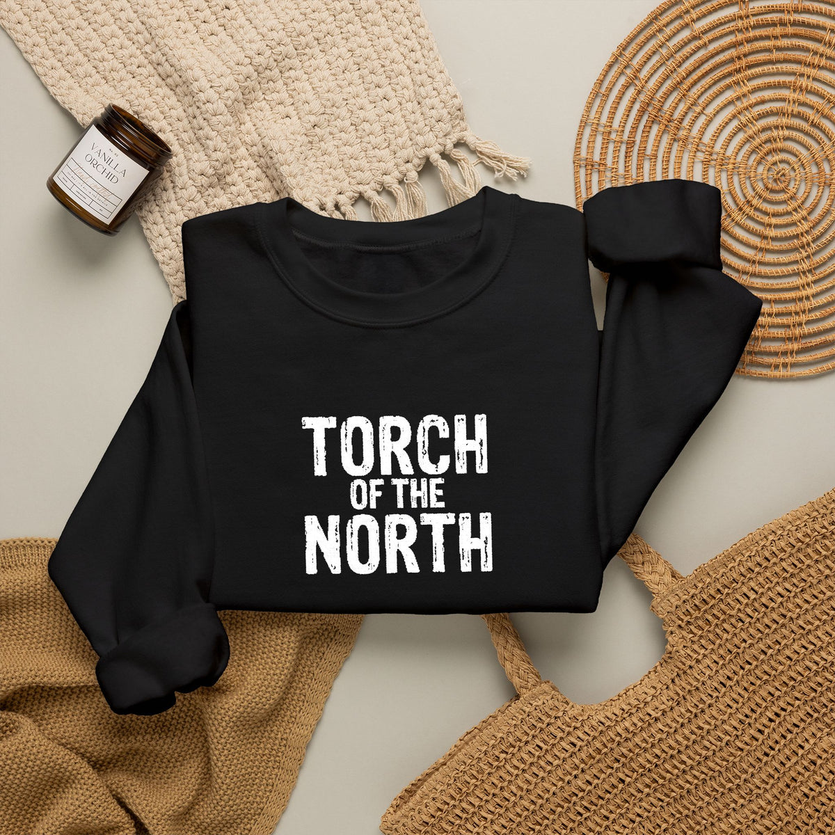 Torch of the North Sweatshirt — Bold Text Crewneck for Fans & Outdoor Vibe