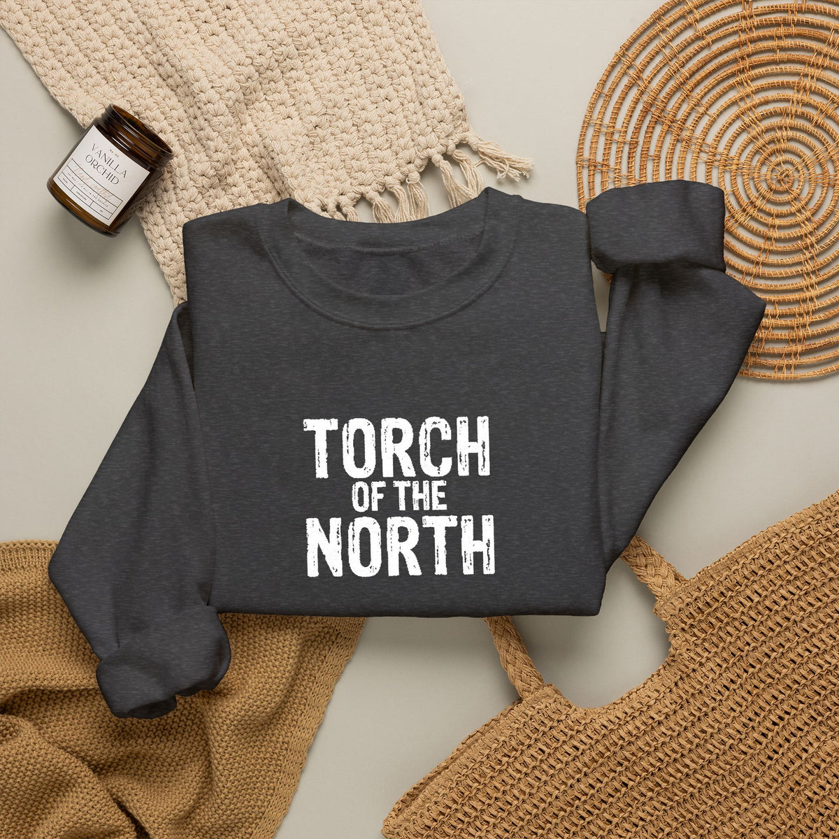 Torch of the North Sweatshirt — Bold Text Crewneck for Fans & Outdoor Vibe