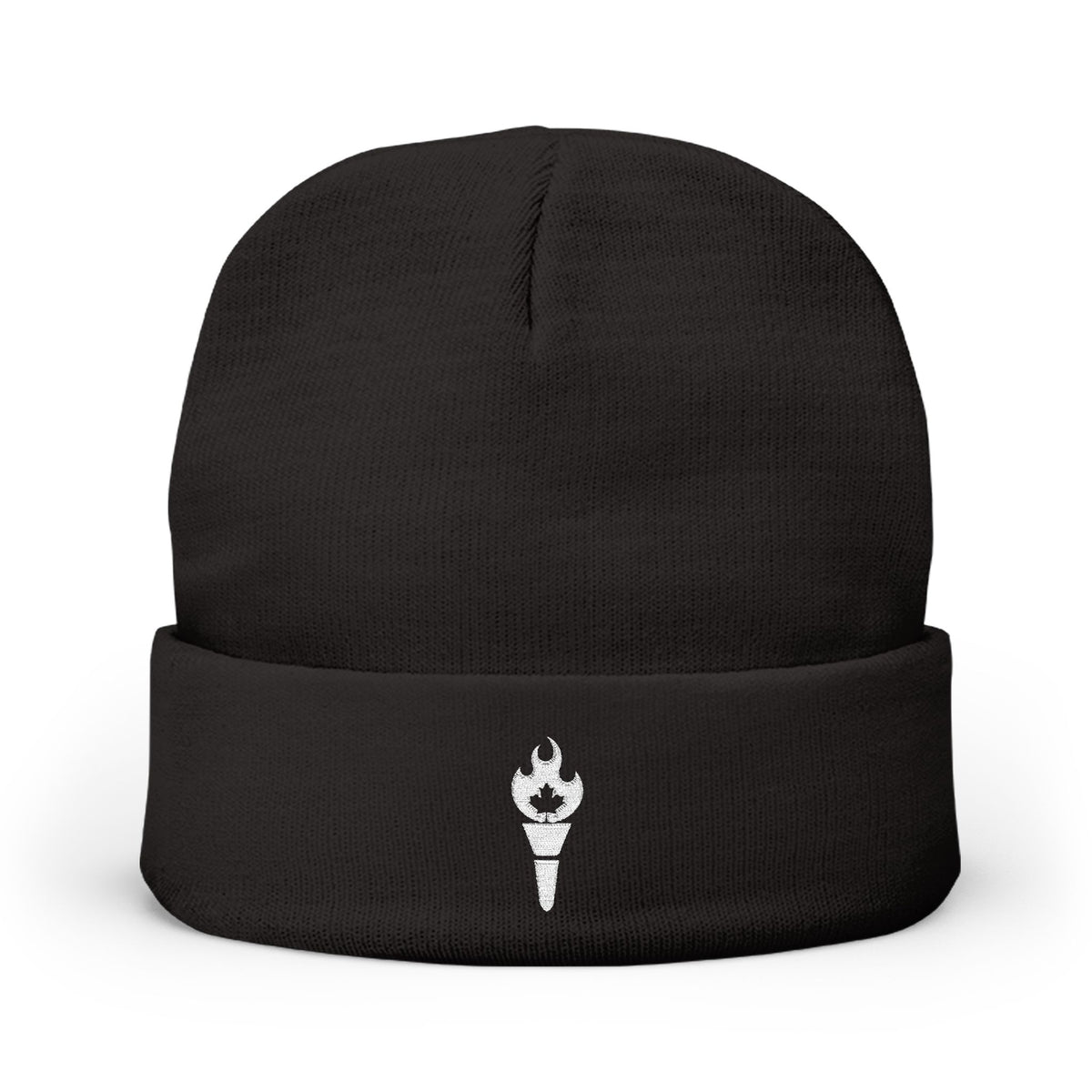 Embroidered Torch Knit Beanie - Minimal Flame Logo Winter Hat