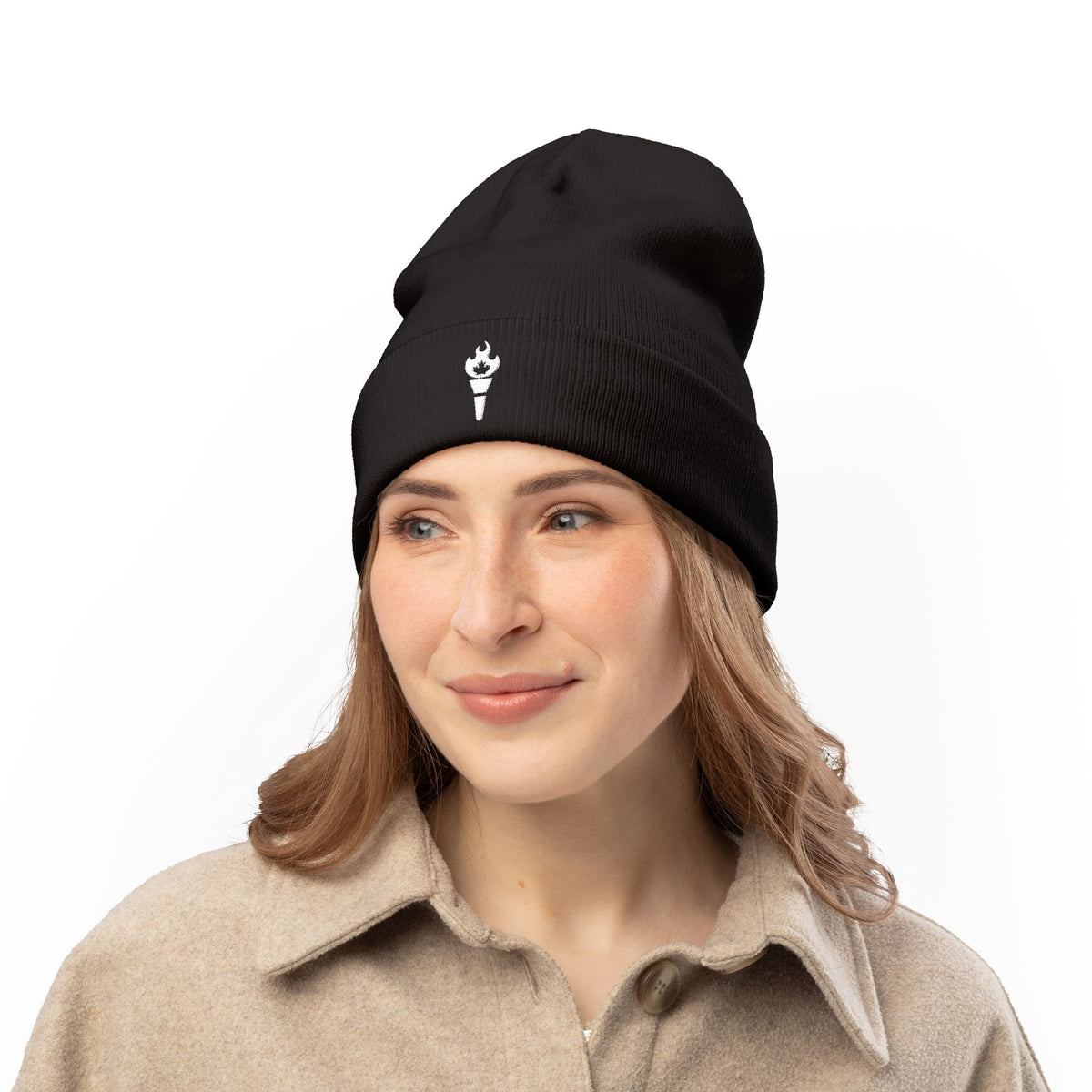 Embroidered Torch Knit Beanie - Minimal Flame Logo Winter Hat